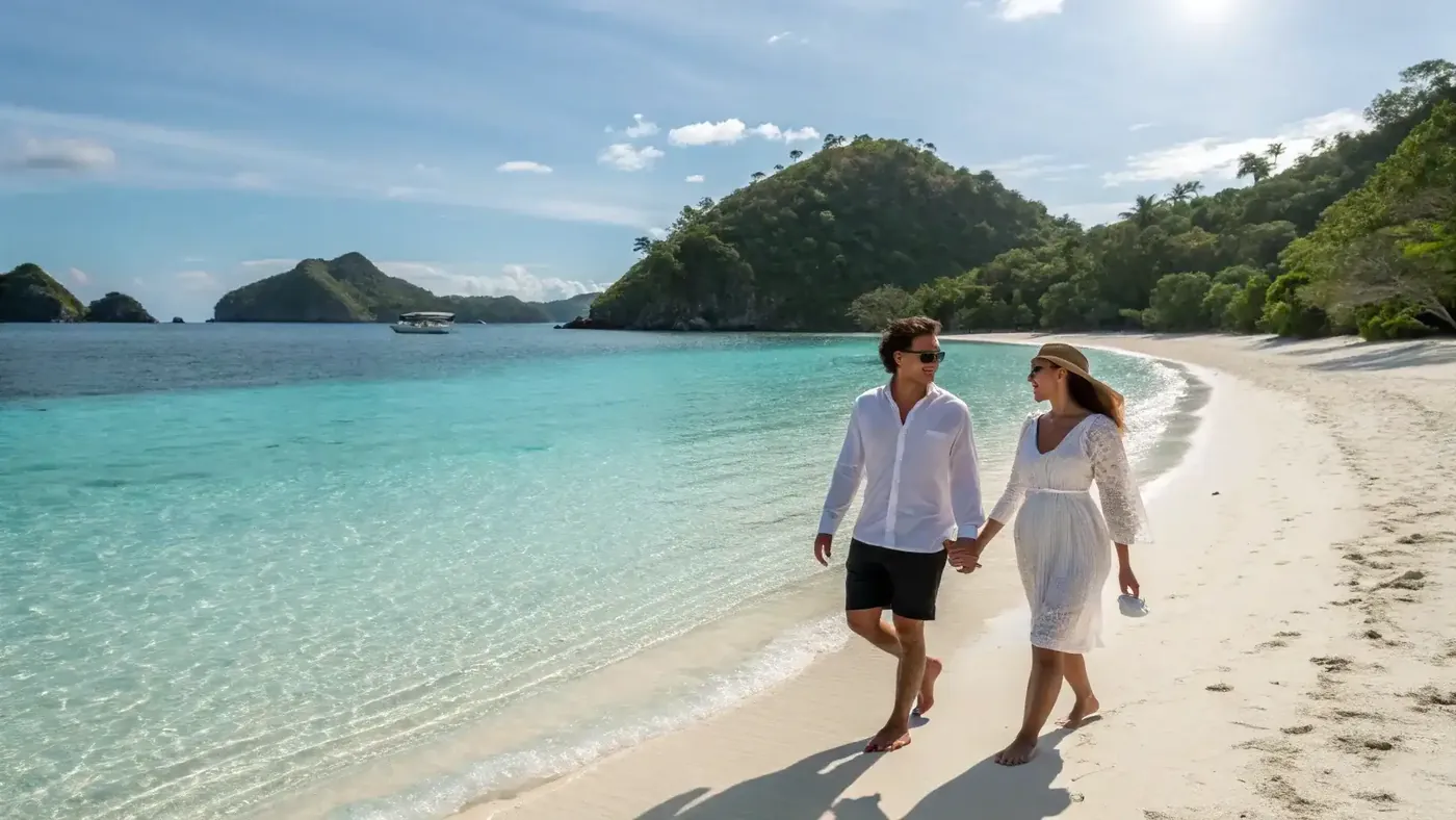 Two guests walking a quiet white-sand beach, karst headlands and moored boats behind them